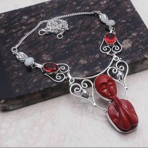 New Carved Praying Goddess Multi Gemstone 925 Silver Necklace.